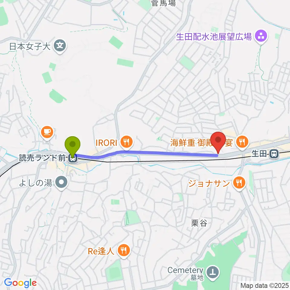 読売ランド前駅からサウンドスタジオ ドーンへのルートマップ地図