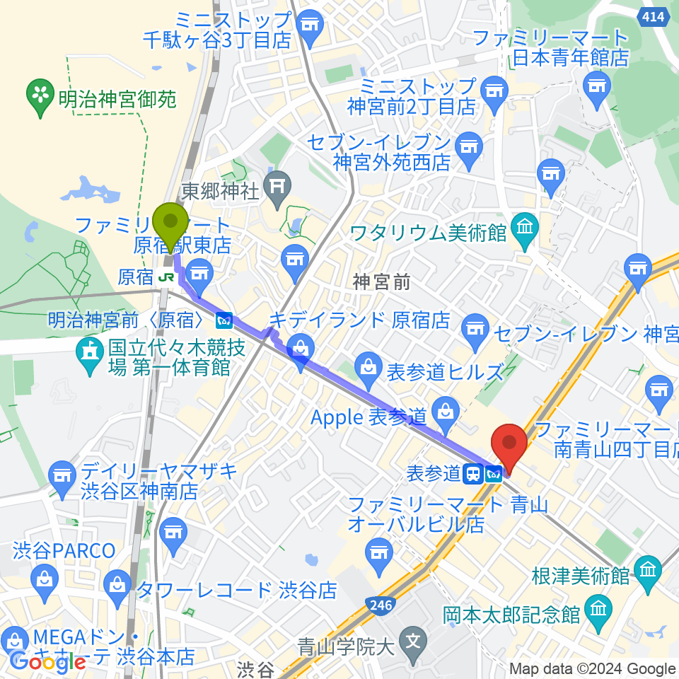 原宿駅からWALL&WALLへのルートマップ地図