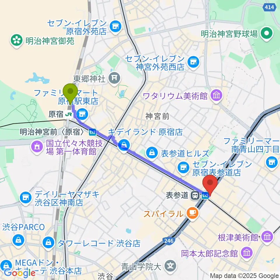 原宿駅からWALL&WALLへのルートマップ地図