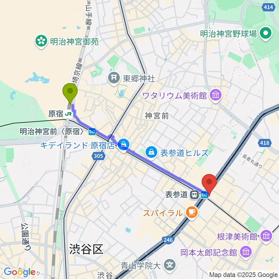 原宿駅からWALL&WALLへのルートマップ地図