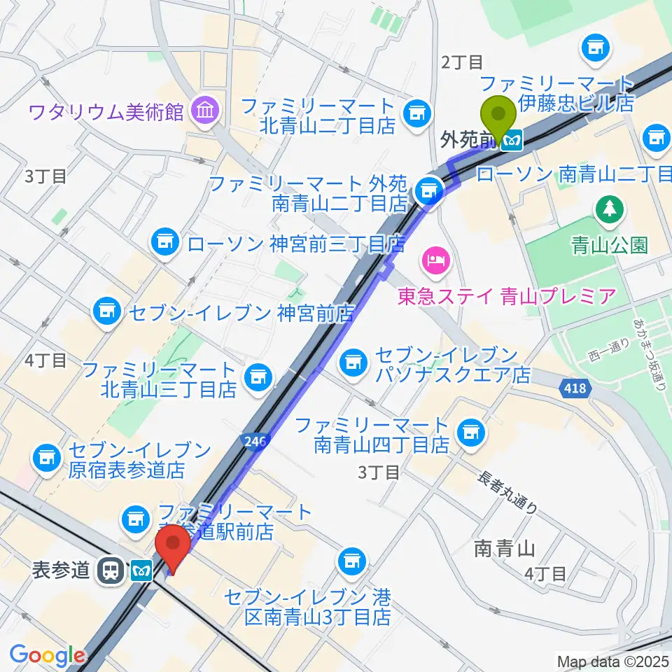 外苑前駅からWALL&WALLへのルートマップ地図