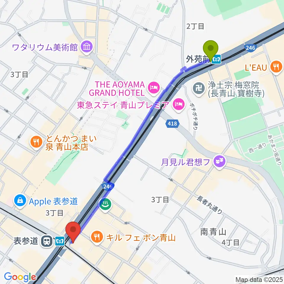 外苑前駅からWALL&WALLへのルートマップ地図