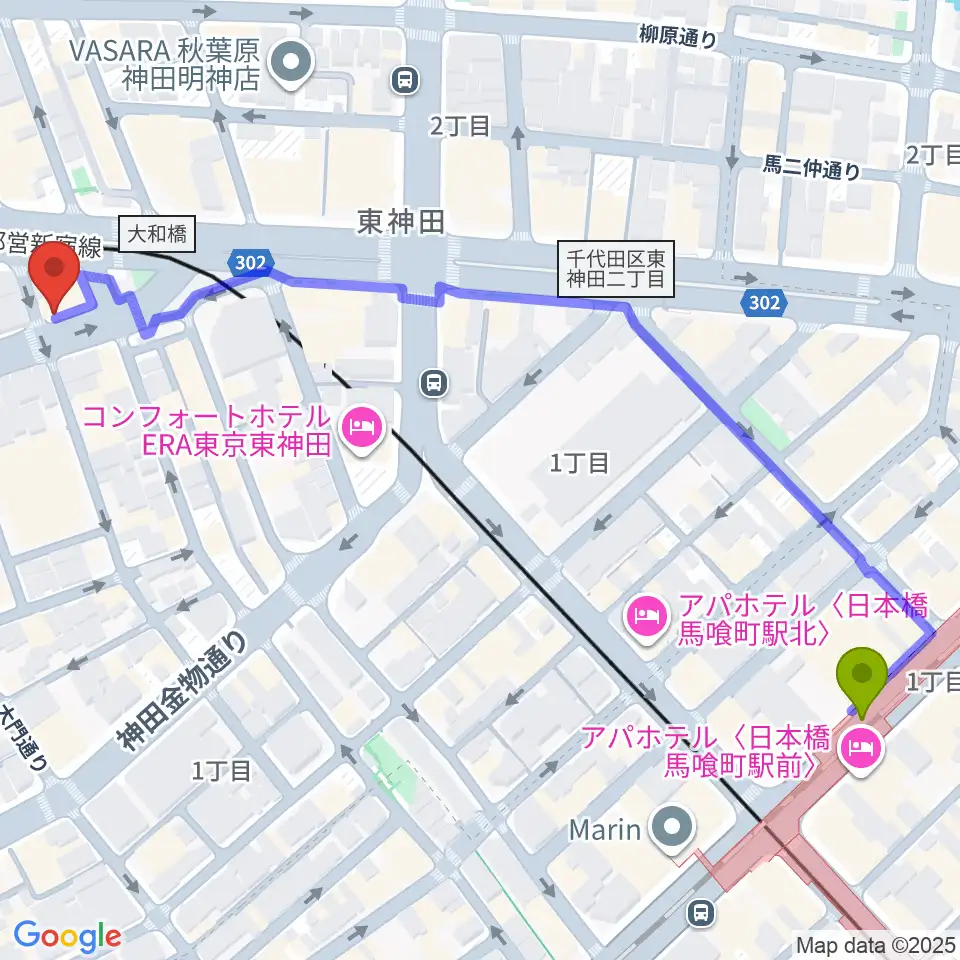 馬喰町駅からヴィアクレモナ・ヴァイオリン工房へのルートマップ地図