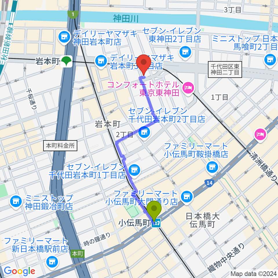 小伝馬町駅からヴィアクレモナ・ヴァイオリン工房へのルートマップ地図