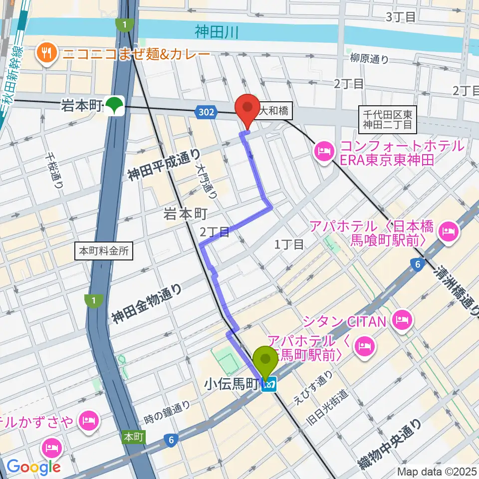 小伝馬町駅からヴィアクレモナ・ヴァイオリン工房へのルートマップ地図