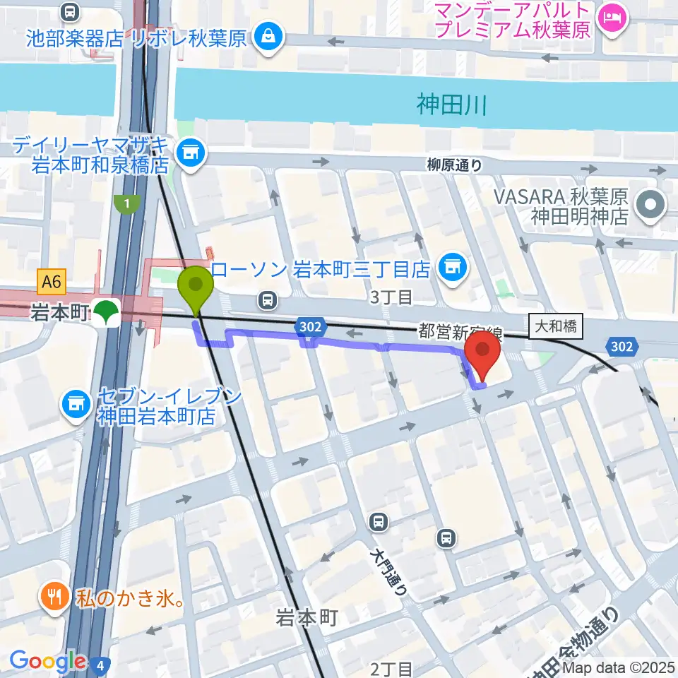 ヴィアクレモナ・ヴァイオリン工房の最寄駅岩本町駅からの徒歩ルート（約3分）地図