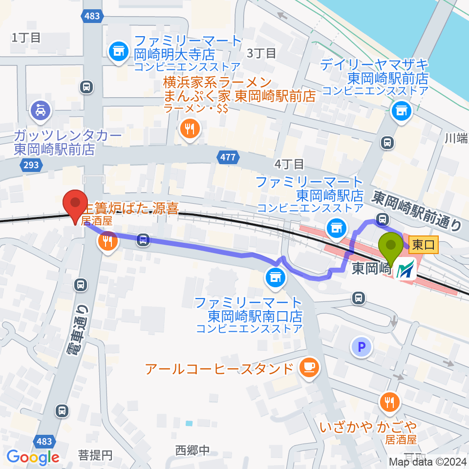 岡崎 八曜舎の最寄駅東岡崎駅からの徒歩ルート（約5分）地図