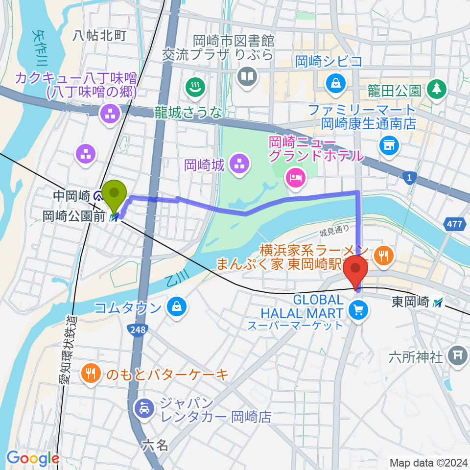 岡崎公園前駅から岡崎 八曜舎へのルートマップ地図