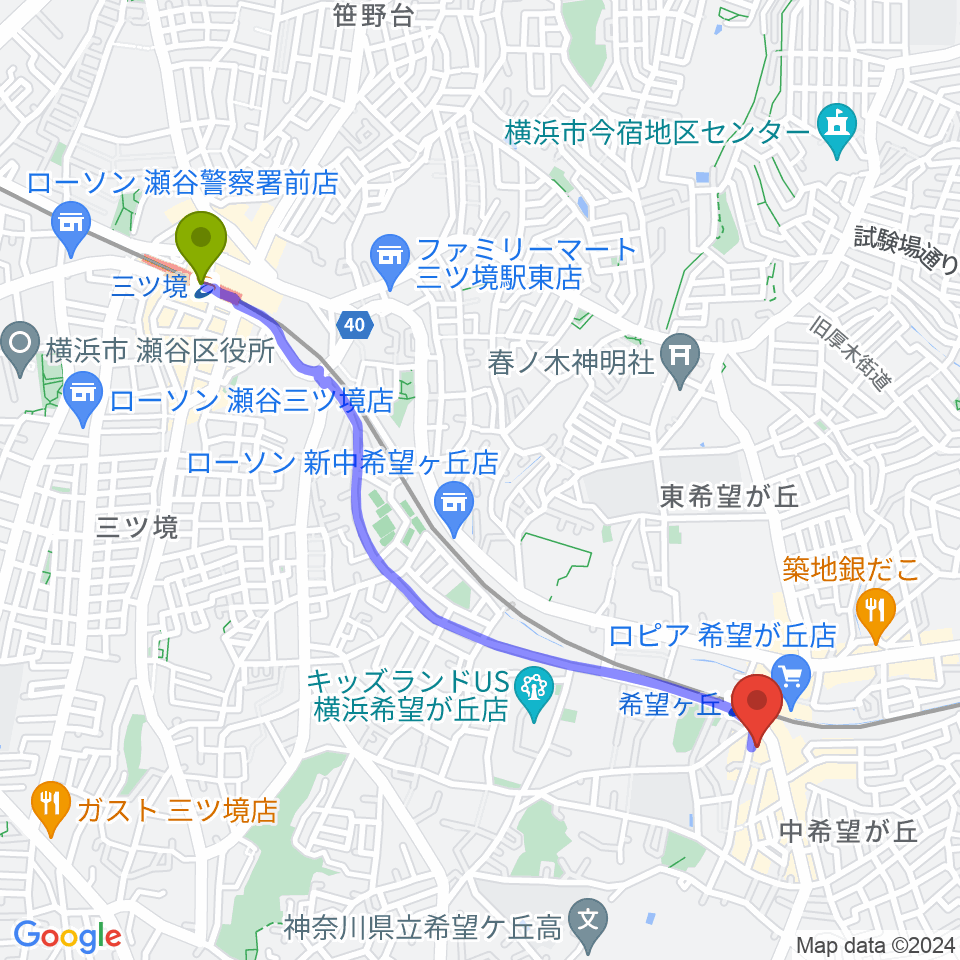 三ツ境駅から希望ヶ丘カスクへのルートマップ地図