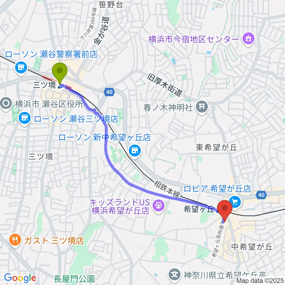 三ツ境駅から希望ヶ丘カスクへのルートマップ地図