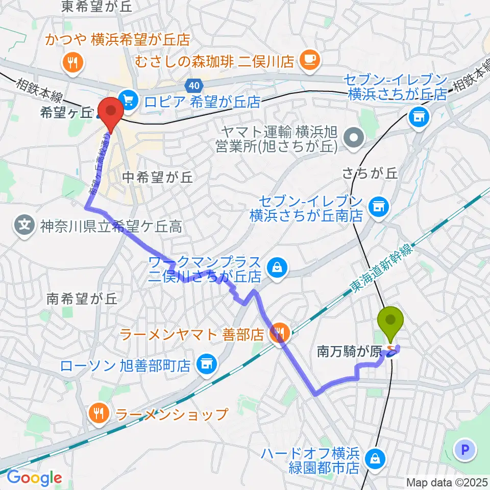 南万騎が原駅から希望ヶ丘カスクへのルートマップ地図