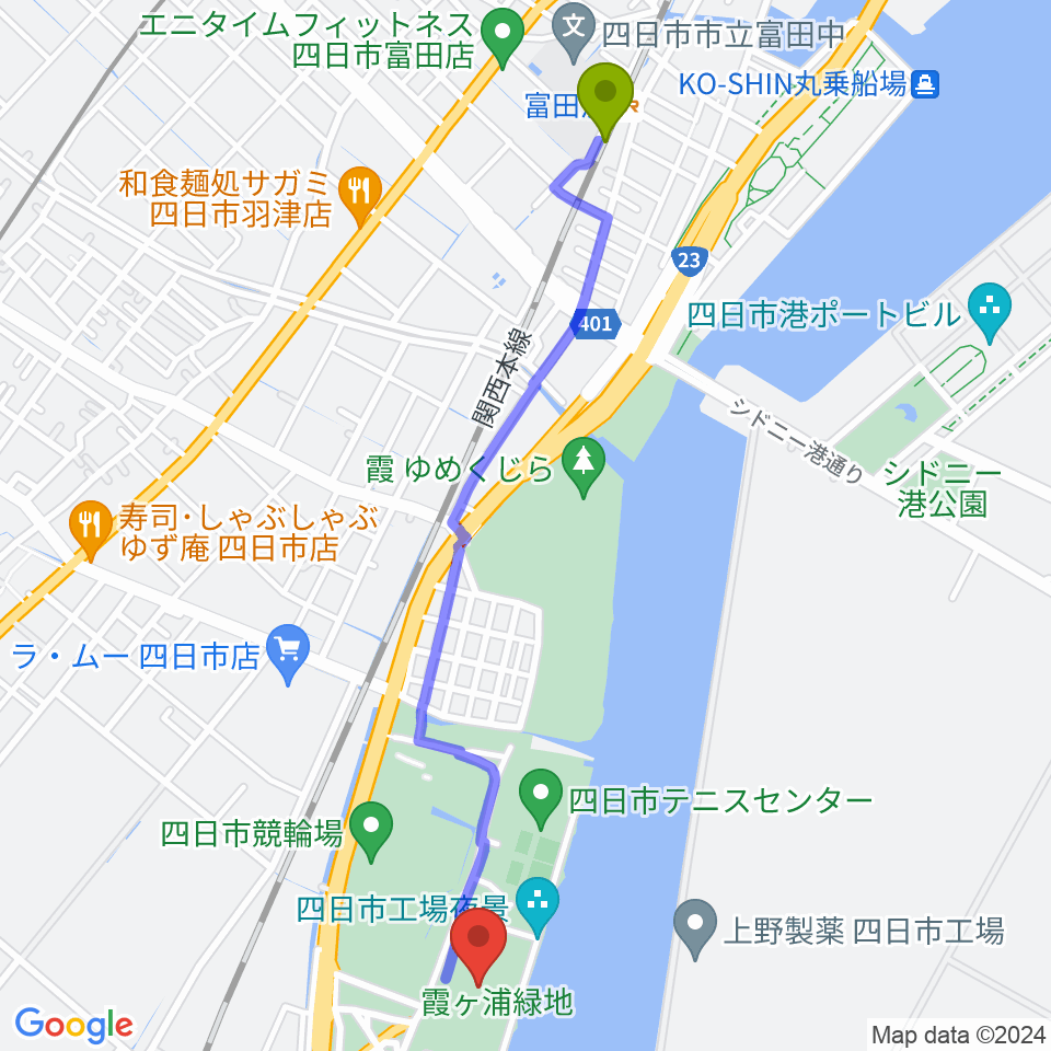 富田浜駅から四日市ドームへのルートマップ地図