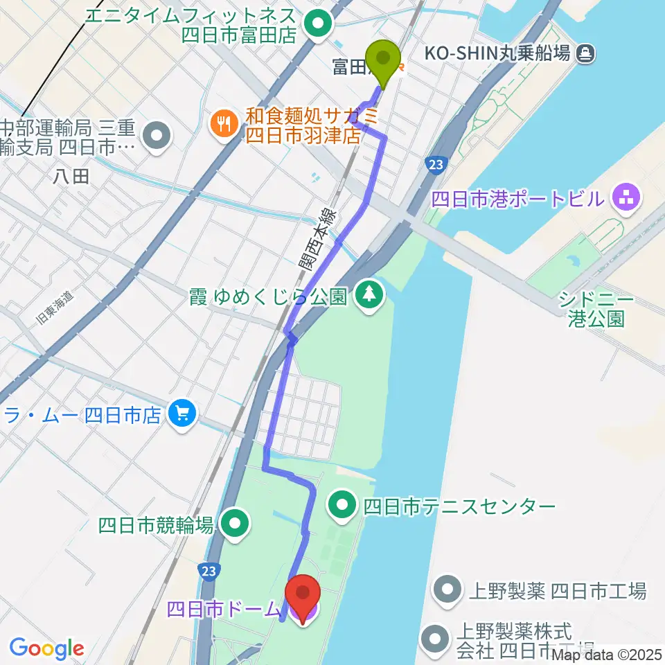 富田浜駅から四日市ドームへのルートマップ地図