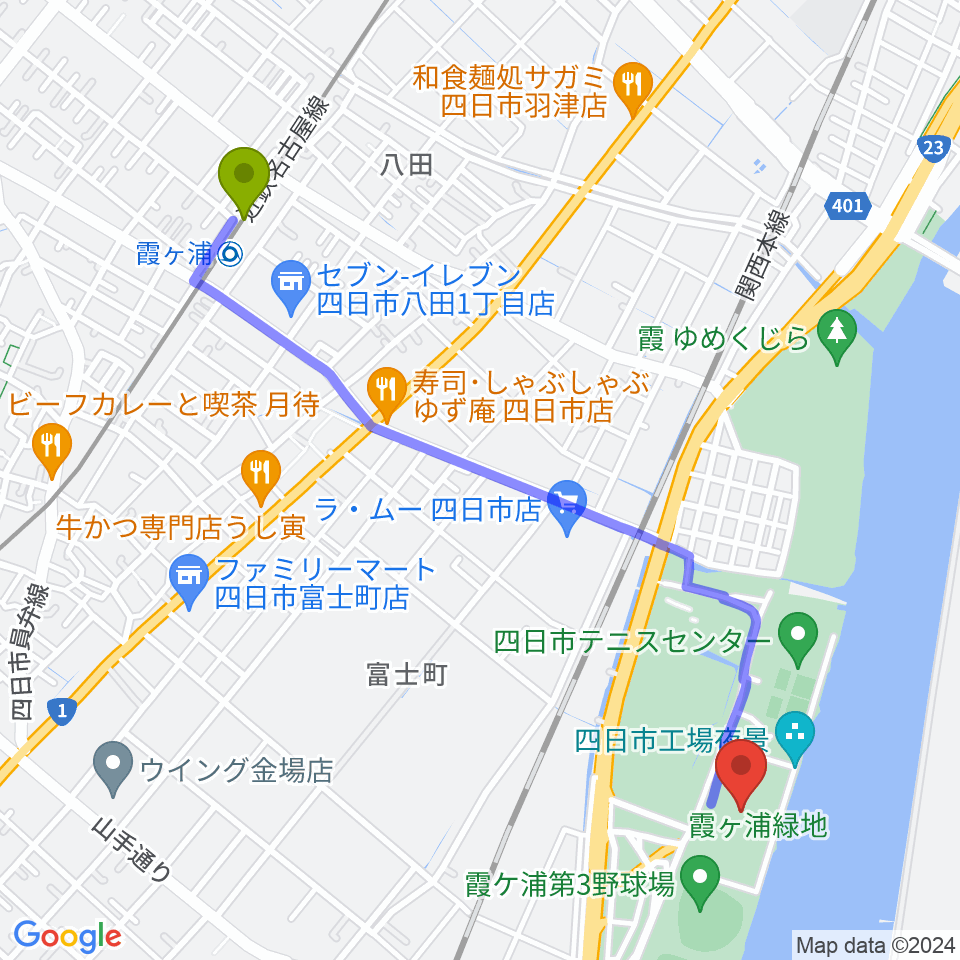 四日市ドームの最寄駅霞ヶ浦駅からの徒歩ルート（約25分）地図