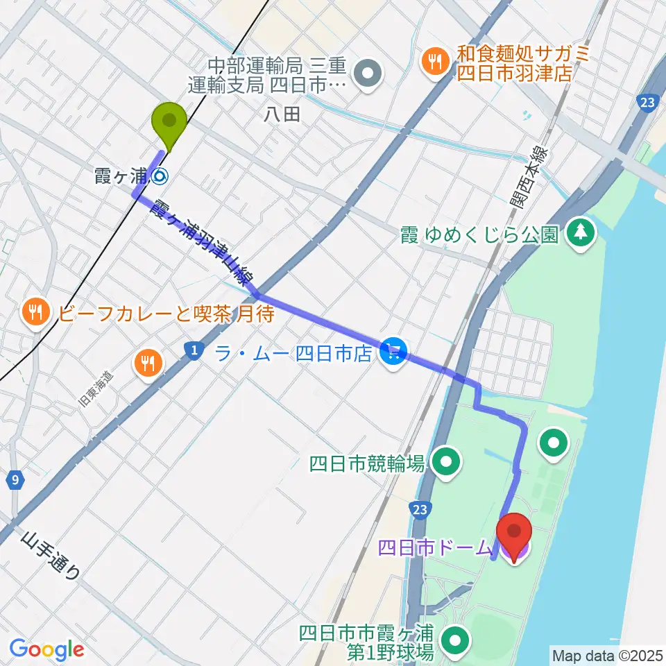 四日市ドームの最寄駅霞ヶ浦駅からの徒歩ルート（約25分）地図