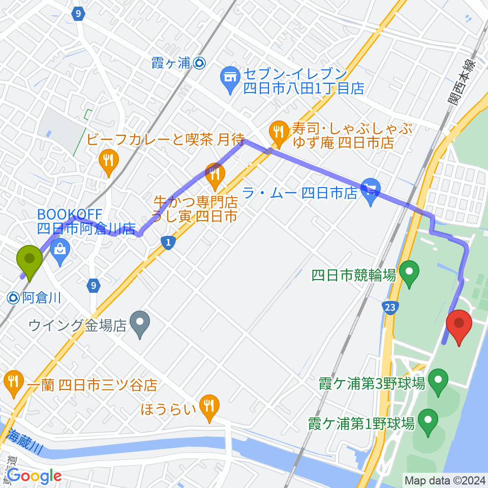 阿倉川駅から四日市ドームへのルートマップ地図