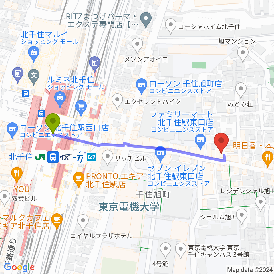 北千住マジカルファンタジーの最寄駅北千住駅からの徒歩ルート（約5分）地図