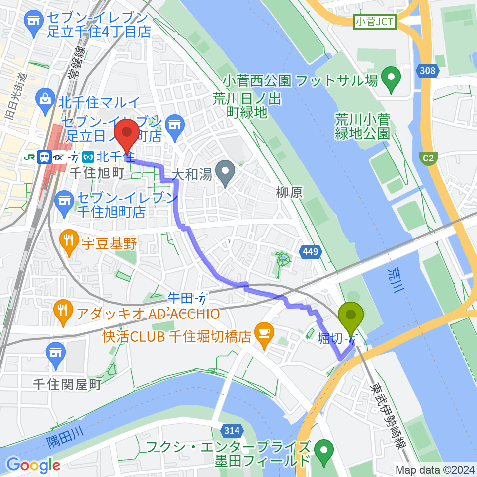 堀切駅から北千住マジカルファンタジーへのルートマップ地図