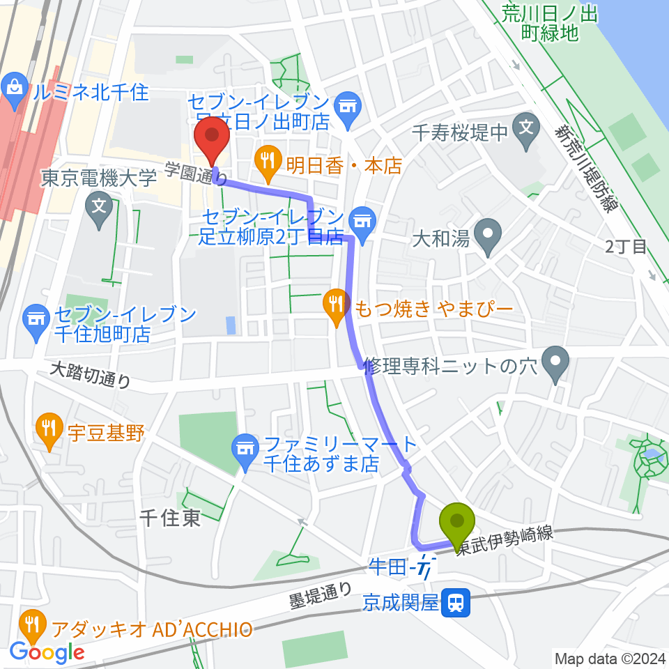 牛田駅から北千住マジカルファンタジーへのルートマップ地図