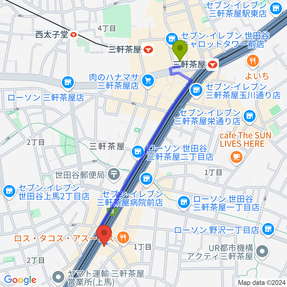 TOKYO BEACH STUDIO三軒茶屋本店の最寄駅三軒茶屋駅からの徒歩ルート（約11分）地図