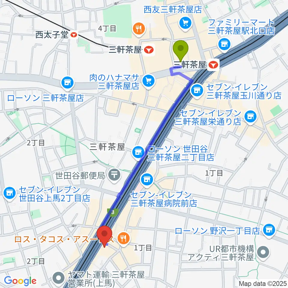 TOKYO BEACH STUDIO三軒茶屋本店の最寄駅三軒茶屋駅からの徒歩ルート（約11分）地図