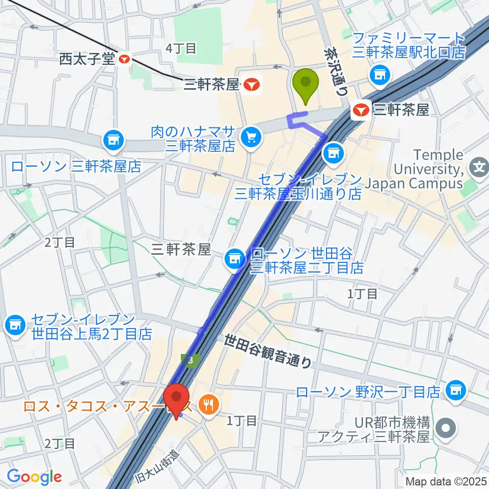 TOKYO BEACH STUDIO三軒茶屋本店の最寄駅三軒茶屋駅からの徒歩ルート（約11分）地図