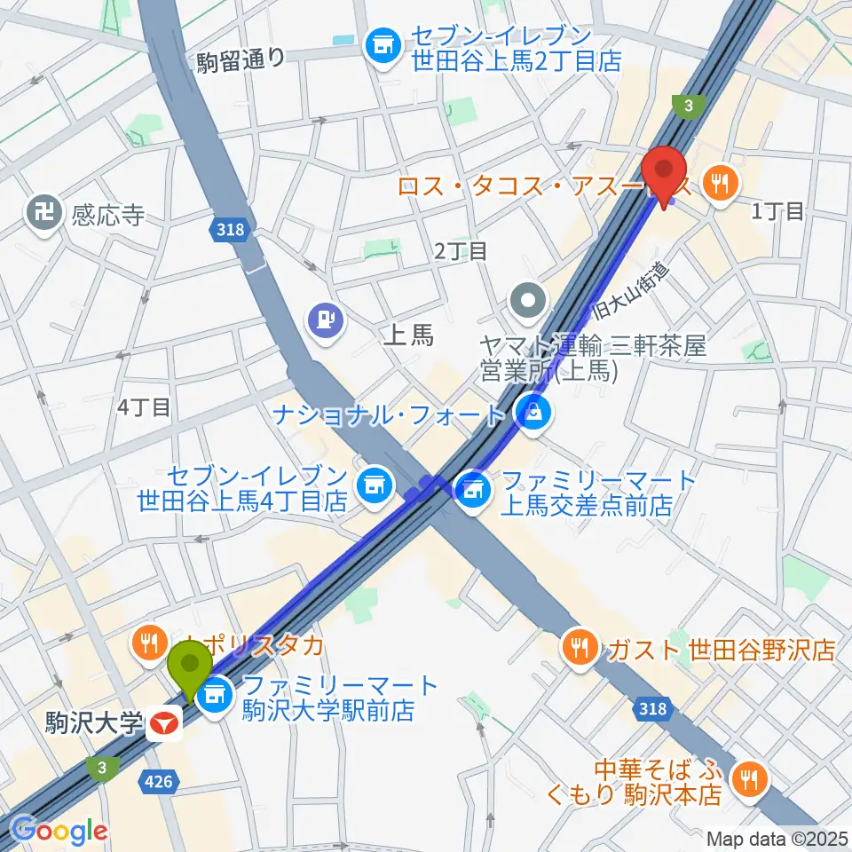 駒沢大学駅からTOKYO BEACH STUDIO三軒茶屋本店へのルートマップ地図