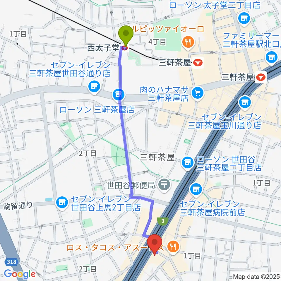 西太子堂駅からTOKYO BEACH STUDIO三軒茶屋本店へのルートマップ地図