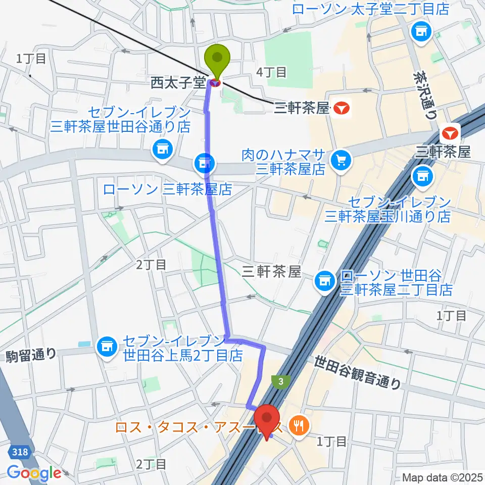 西太子堂駅からTOKYO BEACH STUDIO三軒茶屋本店へのルートマップ地図