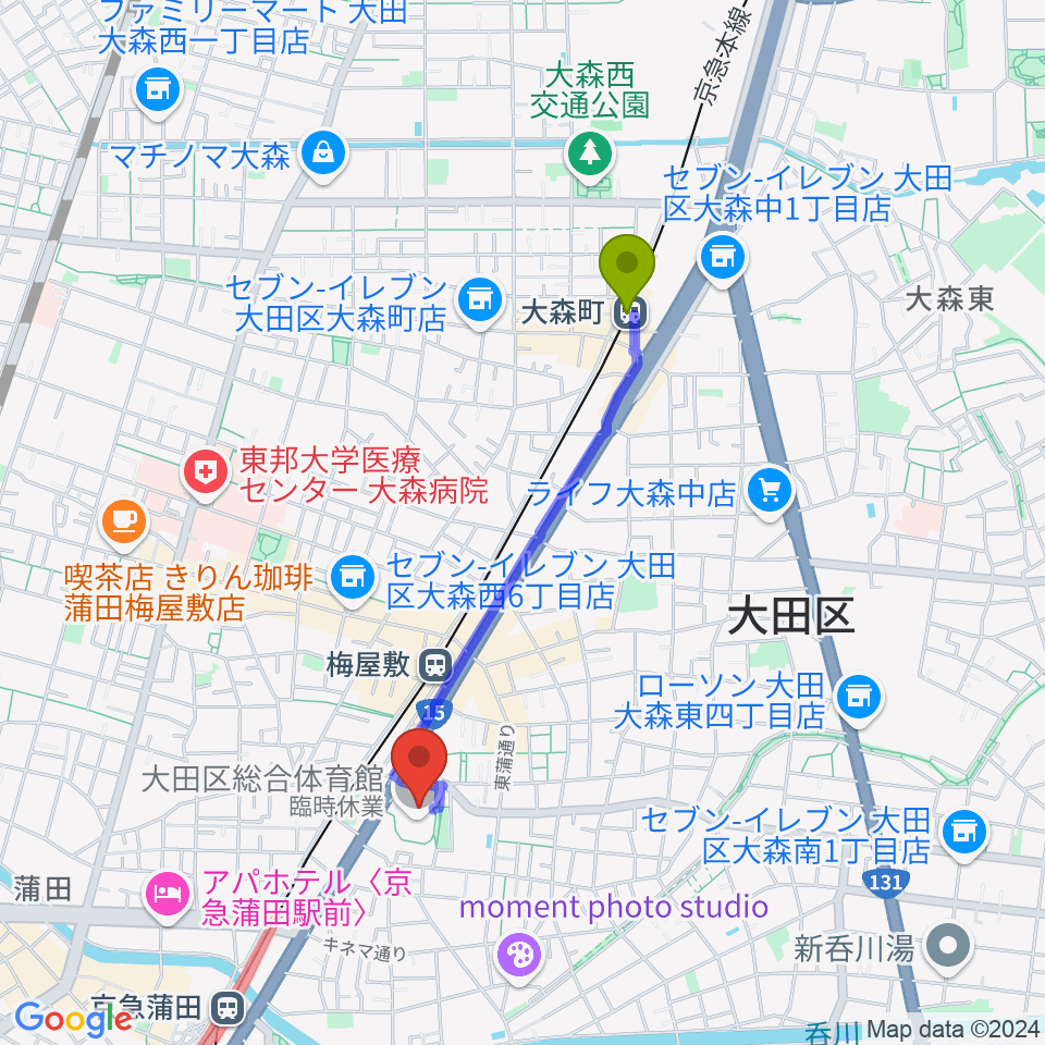 大森町駅から大田区総合体育館へのルートマップ地図