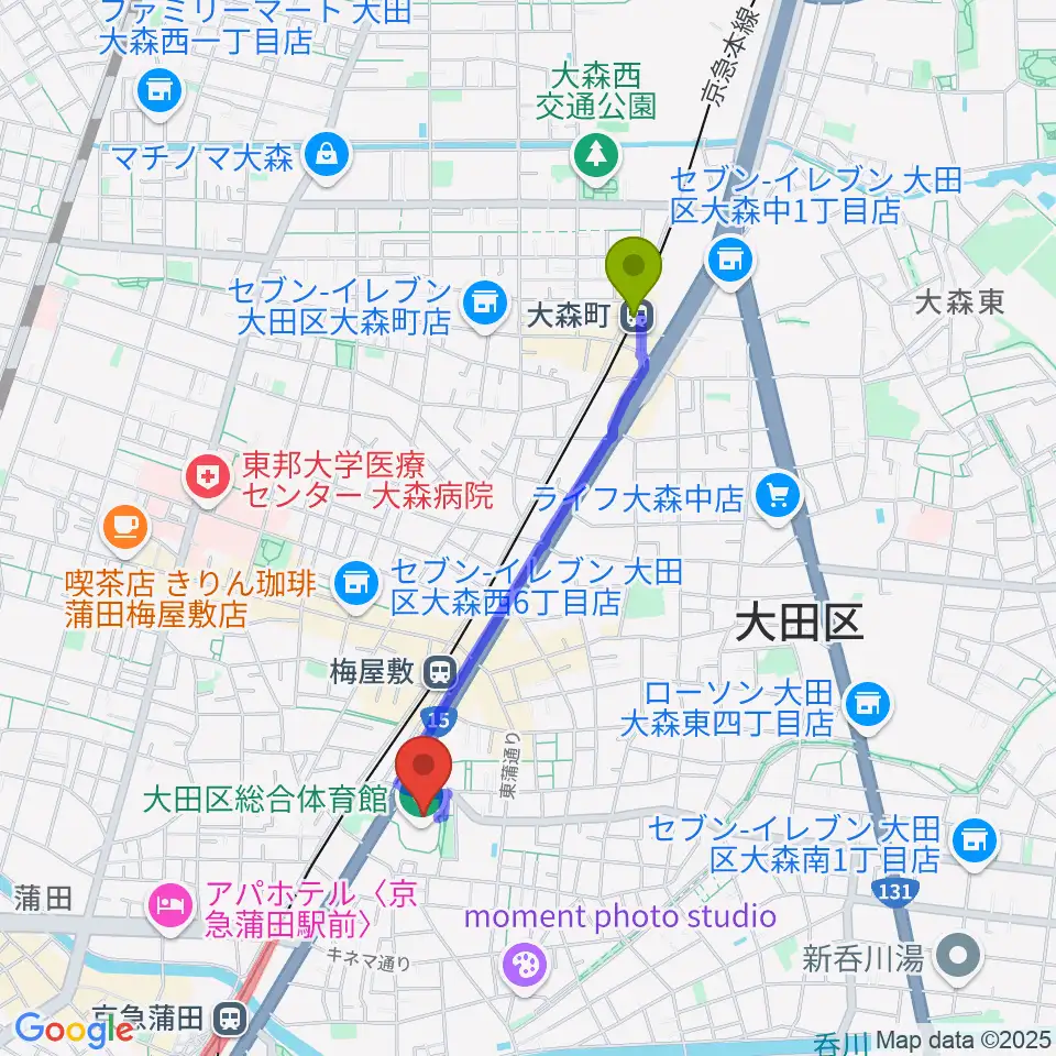 大森町駅から大田区総合体育館へのルートマップ地図