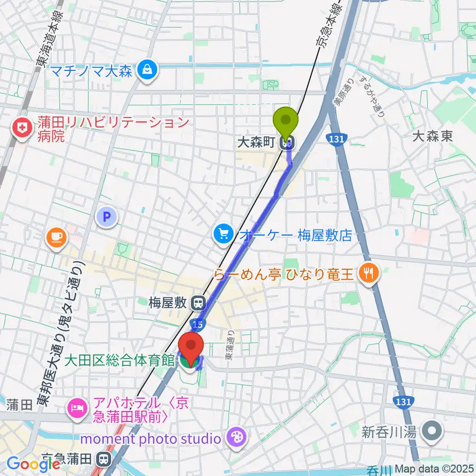 大森町駅から大田区総合体育館へのルートマップ地図