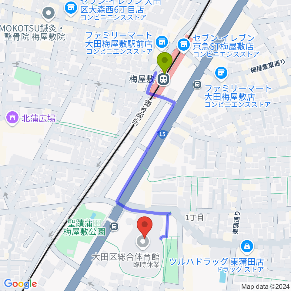 大田区総合体育館の最寄駅梅屋敷駅からの徒歩ルート（約4分）地図