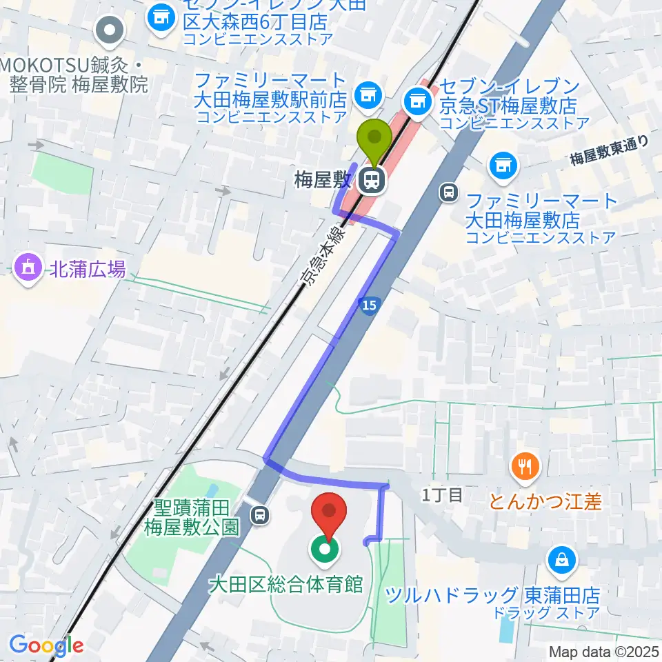 大田区総合体育館の最寄駅梅屋敷駅からの徒歩ルート（約4分）地図