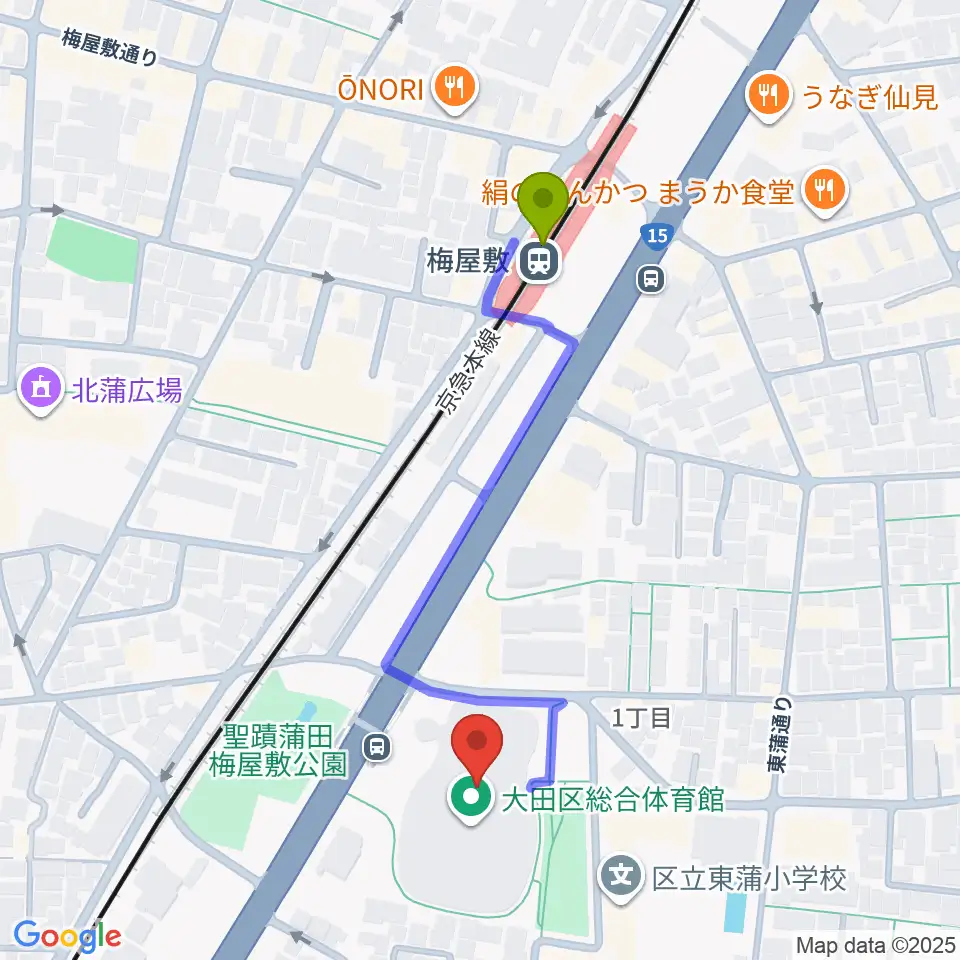 大田区総合体育館の最寄駅梅屋敷駅からの徒歩ルート（約4分）地図