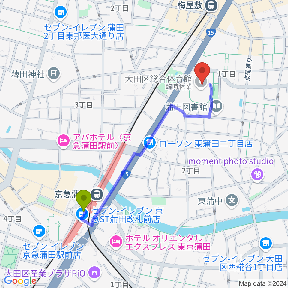 京急蒲田駅から大田区総合体育館へのルートマップ地図