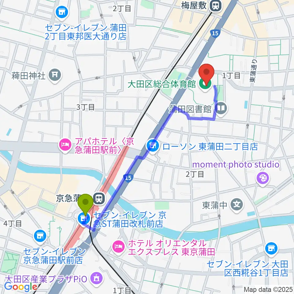 京急蒲田駅から大田区総合体育館へのルートマップ地図