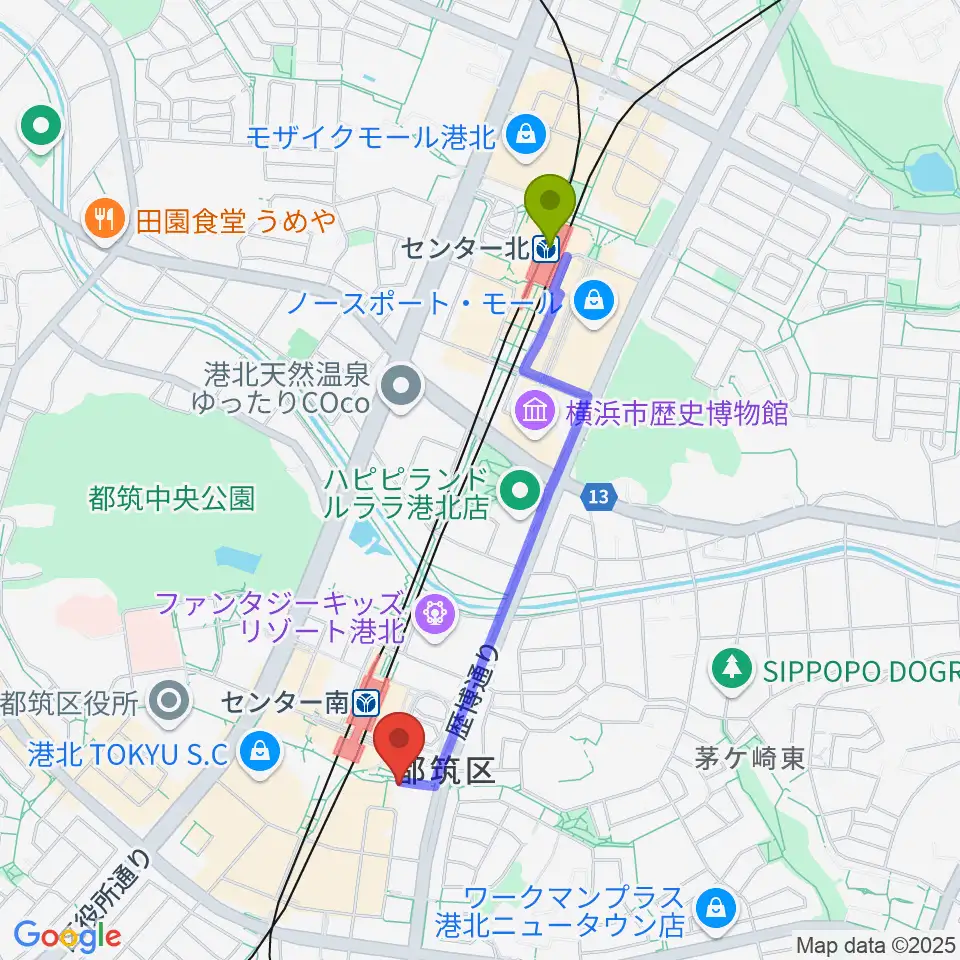 センター北駅から音楽サロンAriaへのルートマップ地図