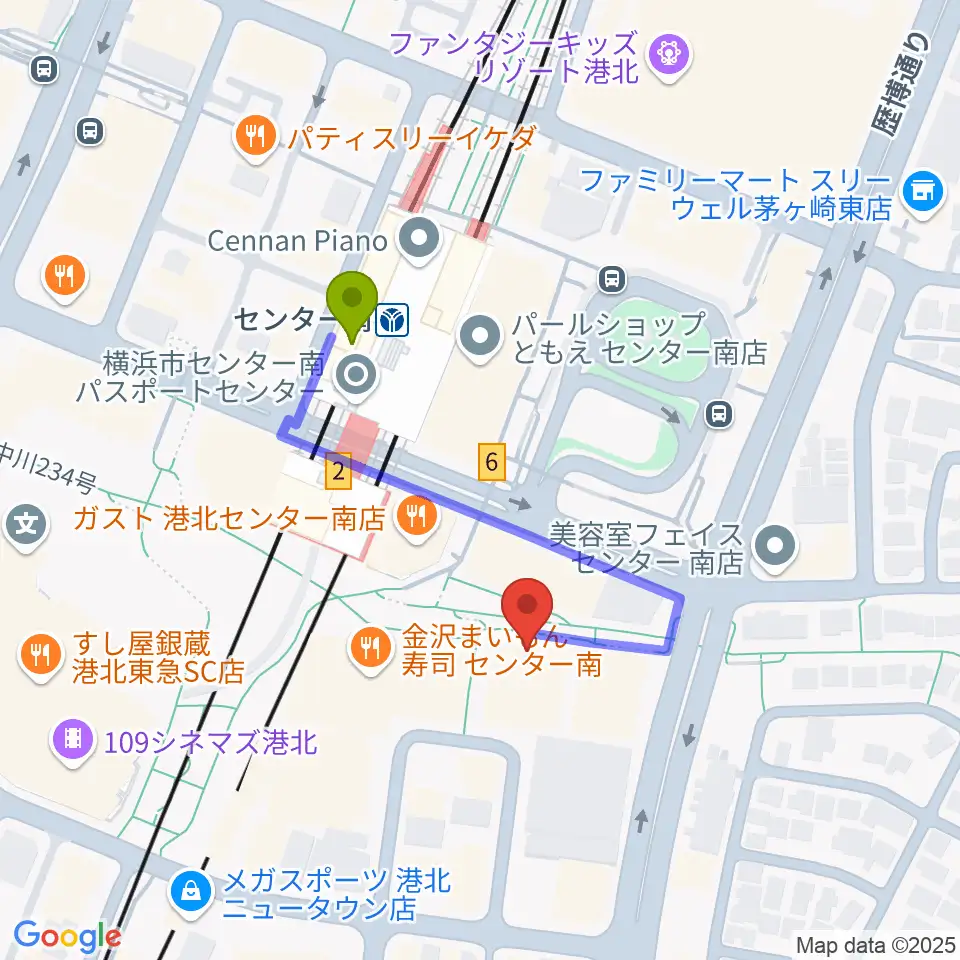 音楽サロンAriaの最寄駅センター南駅からの徒歩ルート（約3分）地図