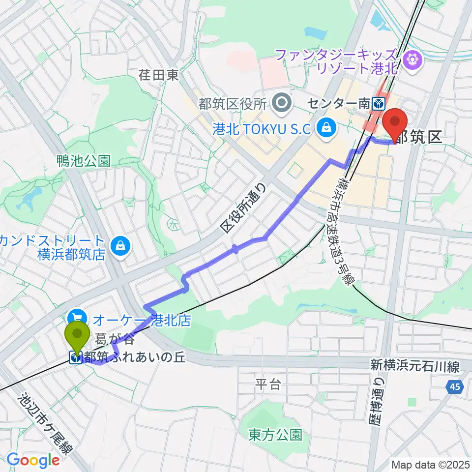 都筑ふれあいの丘駅から音楽サロンAriaへのルートマップ地図
