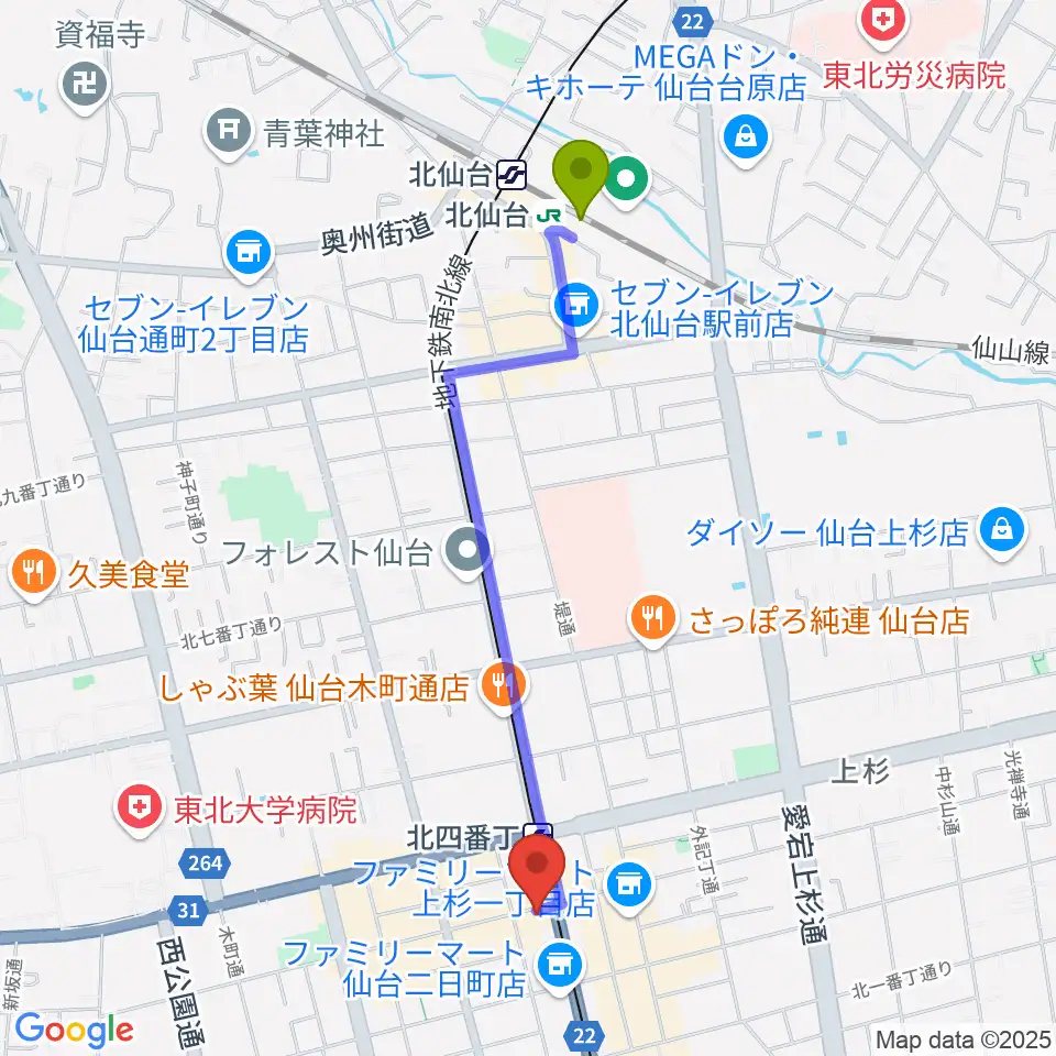 北仙台駅からスタジオソルファへのルートマップ地図