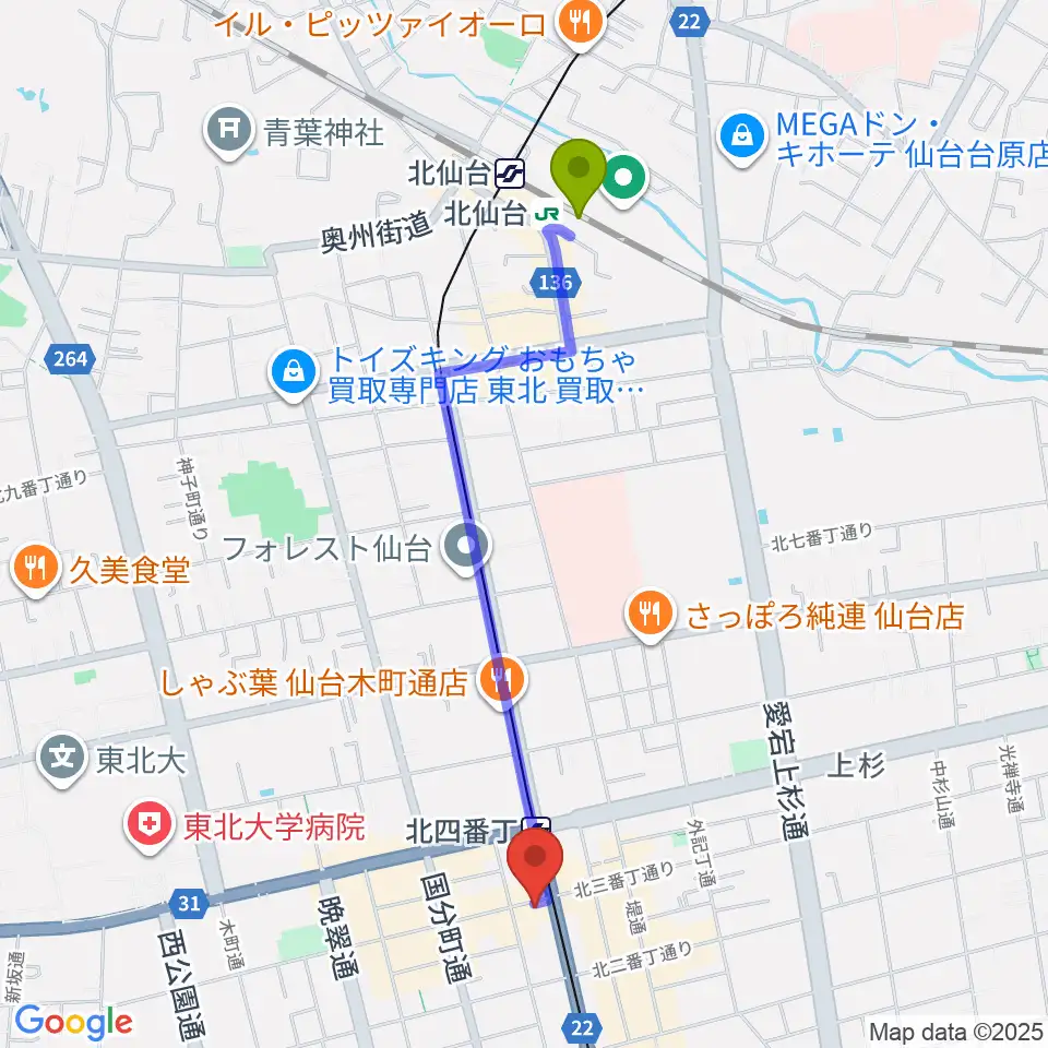 北仙台駅からスタジオソルファへのルートマップ地図