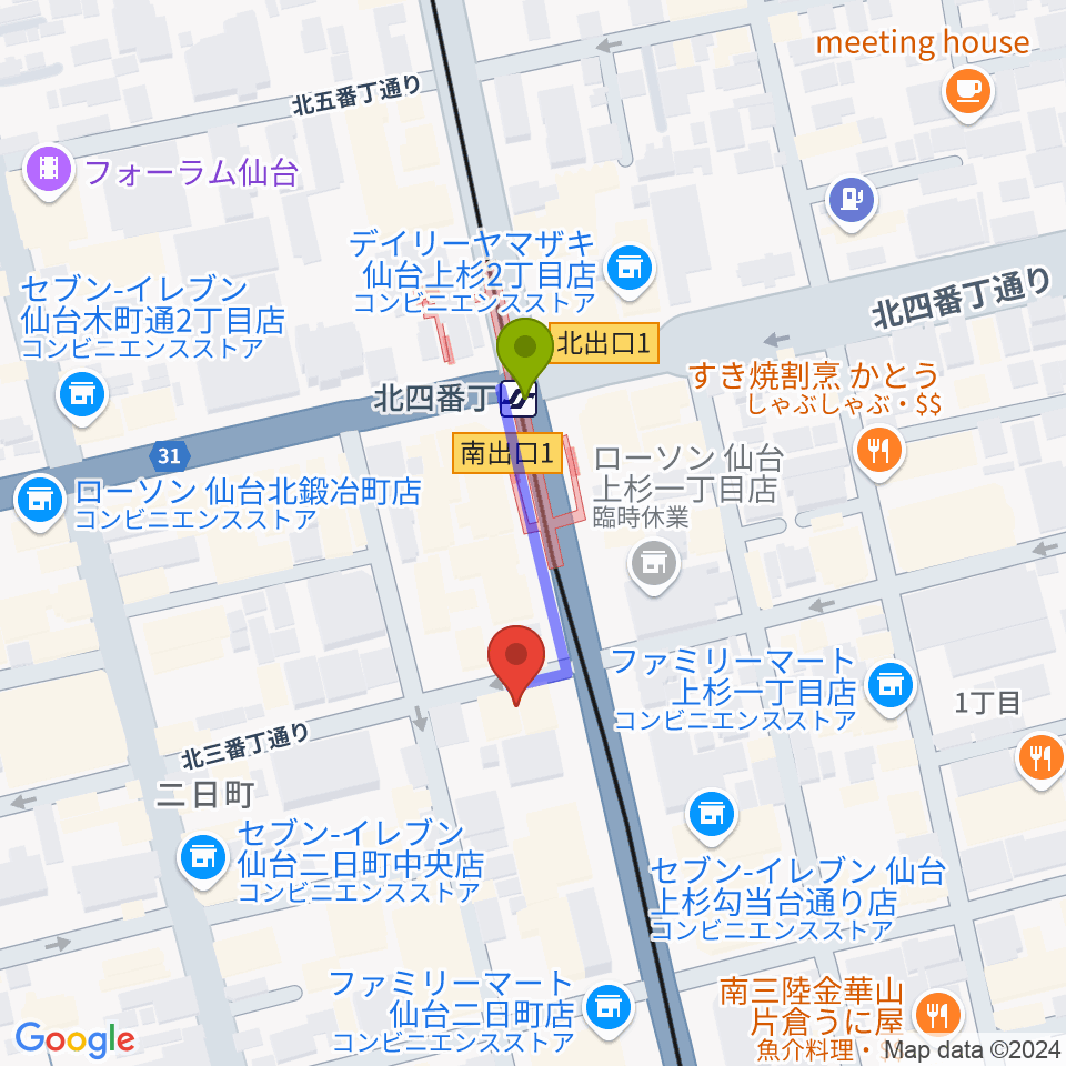 スタジオソルファの最寄駅北四番丁駅からの徒歩ルート（約2分）地図