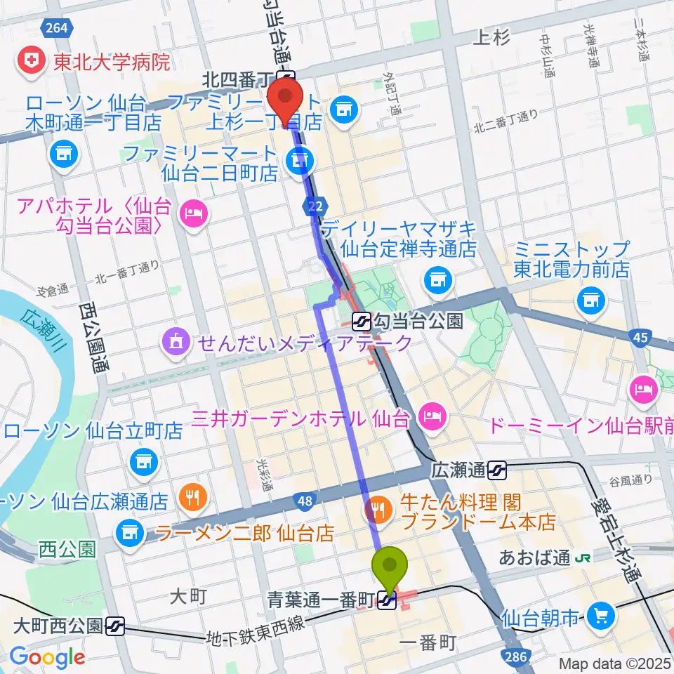 青葉通一番町駅からスタジオソルファへのルートマップ地図