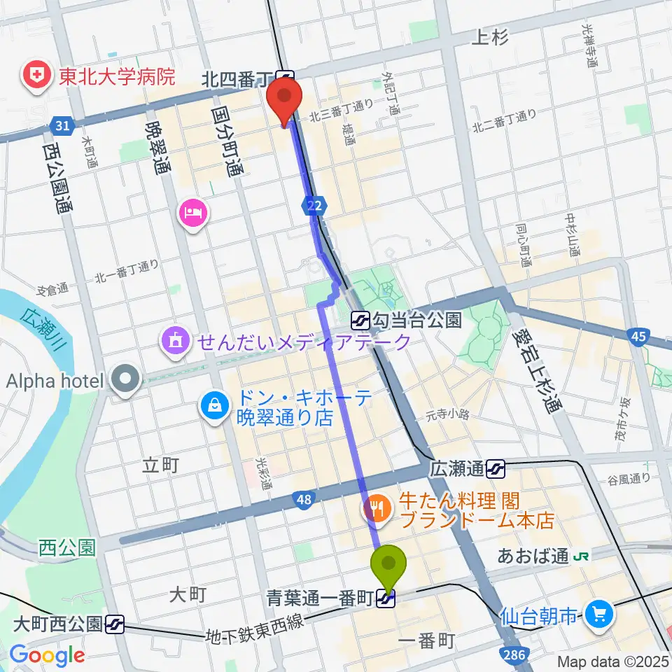 青葉通一番町駅からスタジオソルファへのルートマップ地図