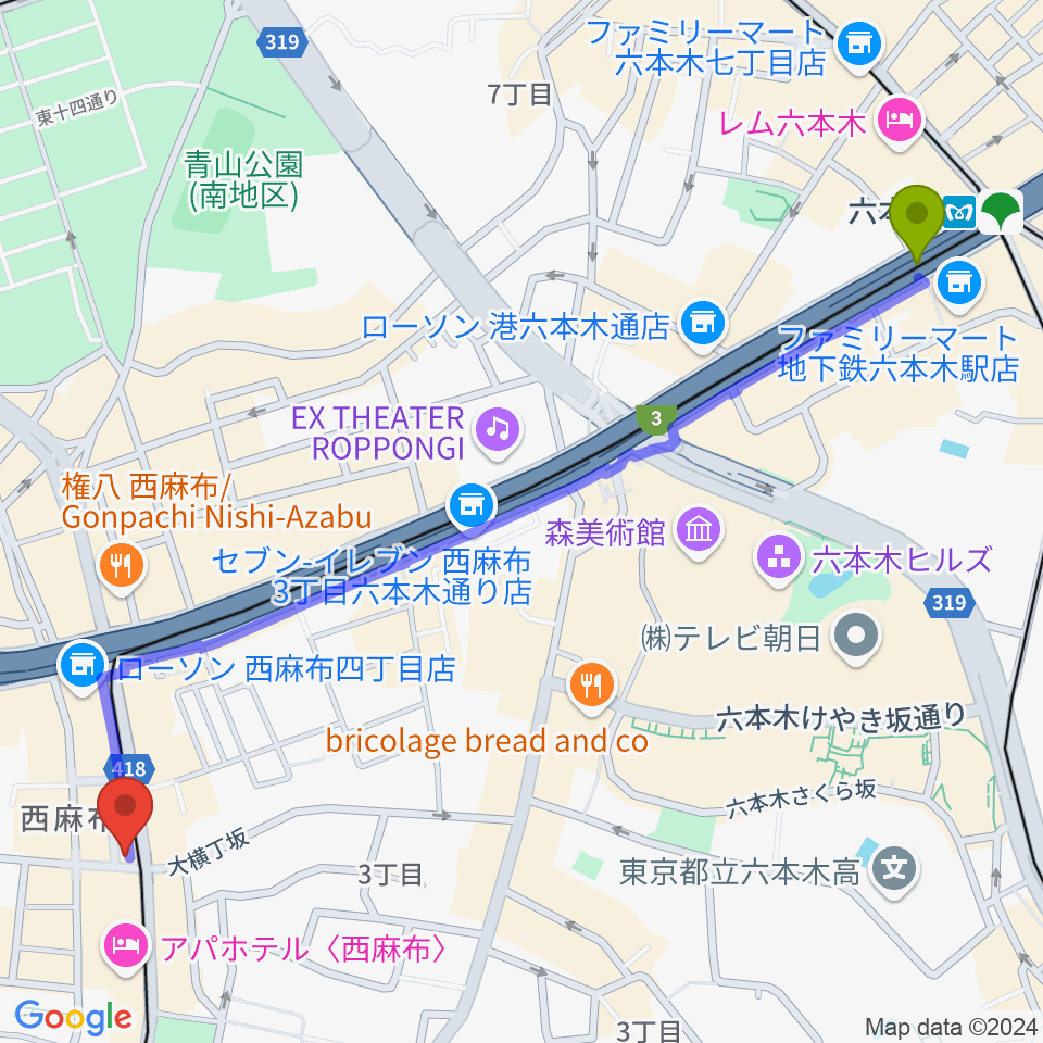 六本木駅から西麻布BAR Jubileeへのルートマップ地図