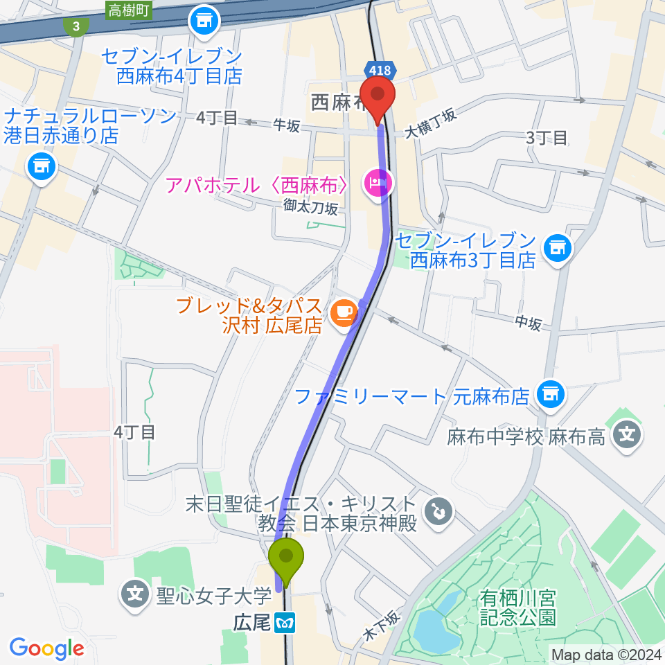 西麻布BAR Jubileeの最寄駅広尾駅からの徒歩ルート（約11分）地図