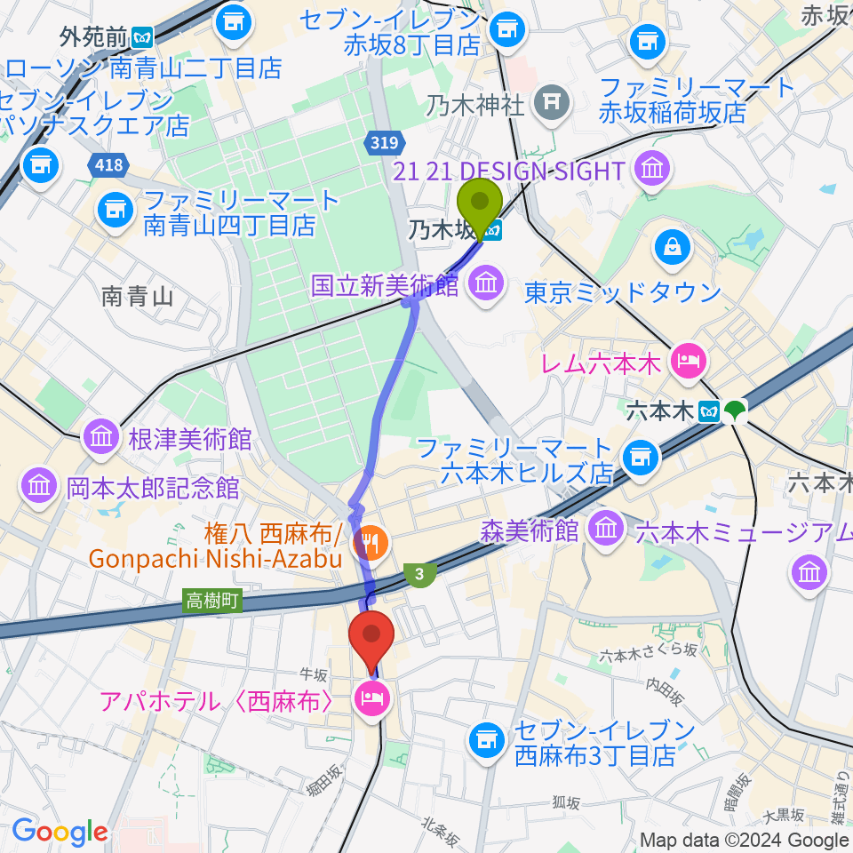 乃木坂駅から西麻布BAR Jubileeへのルートマップ地図