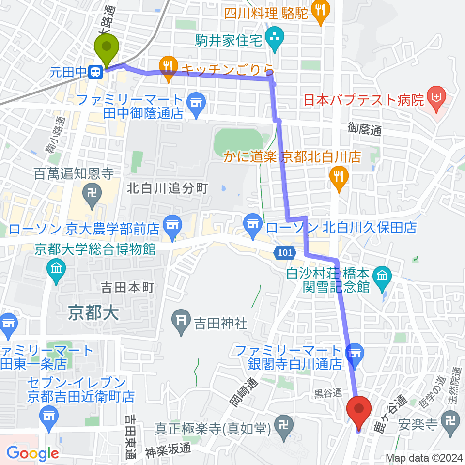 元田中駅から外 sotoへのルートマップ地図