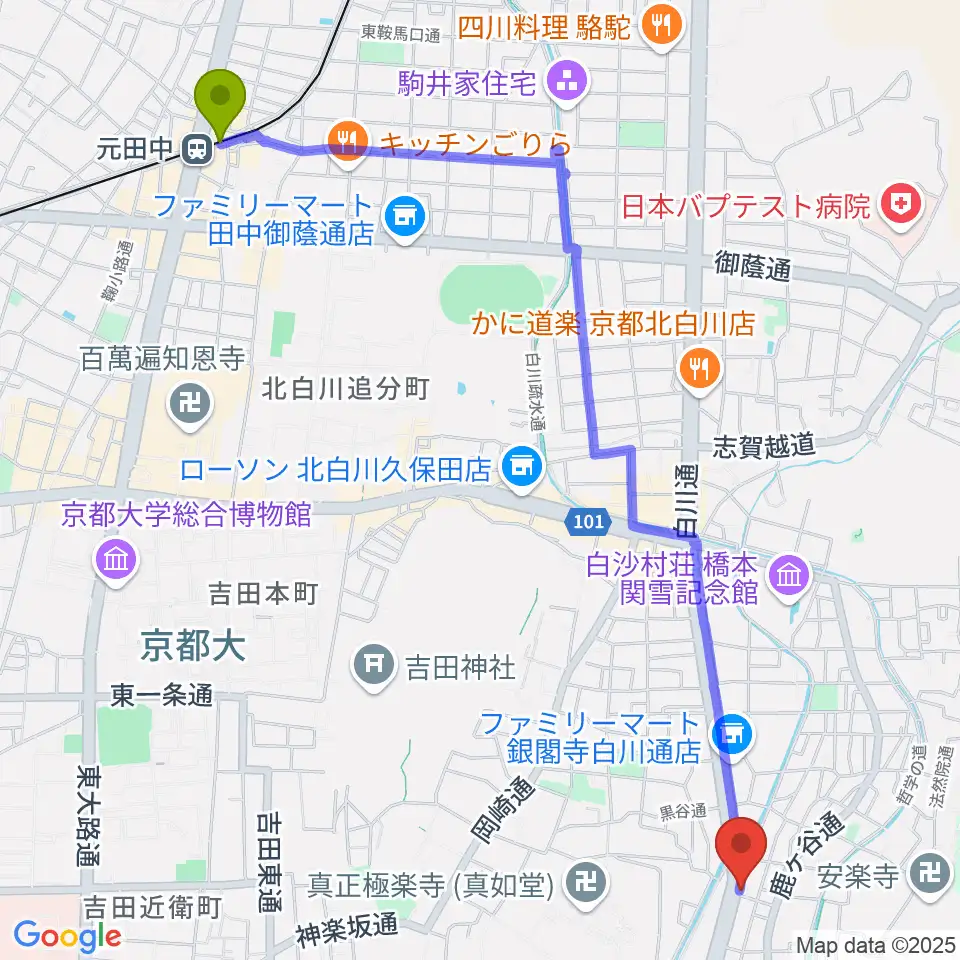 元田中駅から外 sotoへのルートマップ地図